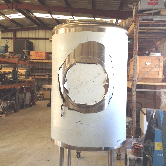 UNUSED 200 Gallon Sanitary Stainless Steel tank.  Vertical.  Dish top and Dish Bottom. Mounted on 3' legs. Approx. 34.5